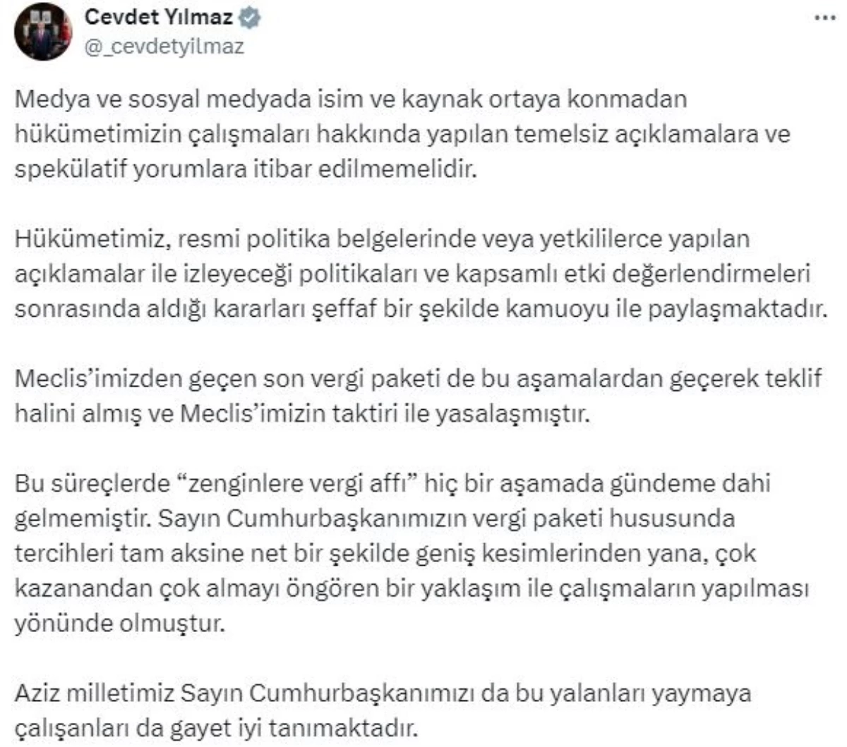 Cevdet Yılmaz: Zenginlere vergi affı gündeme gelmedi